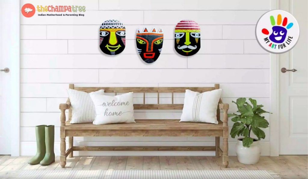 Wall Hanging Paper Craft - Three tribal masks in the living room